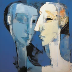Peinture de deux têtes sur fond bleu 1