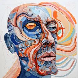 Visage, spirale pour les yeux et un oiseau pour le nez