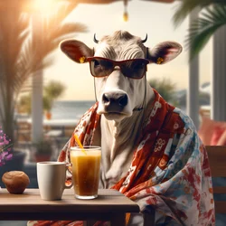 Vache avec des lunettes de soleil regardant un café froid 2