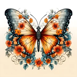 papillon au centre, symétrique, avec des fleurs en arrière-plan 3