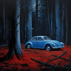 voiture bleue dans une forêt rouge 4