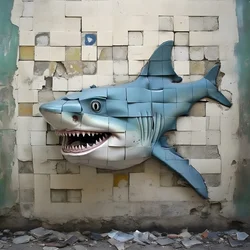 un requin bleu avec un visage peint sur un vieux mur 3
