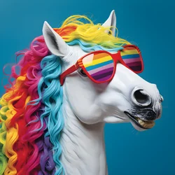 cheval blanc avec lunettes arc-en-ciel sur fond bleu 1