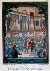 Directoire : "Le Conseil des Anciens" Gravure de "Mœurs et coutumes du peuple français", gravure de Labrousse. 18e siècle Paris, B.N.