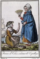 Femme de Calais achetant des coquillages - dans « Encyclopédie des voyages » par J. Grasset St Sauveur, Deron, Paris