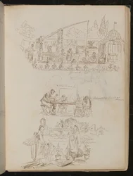 Scène de jardin et de lessive avec des figures féminines inscrites "Puits génois", et une étude de quatre figures inscrites "Famille Manenti à dîner"