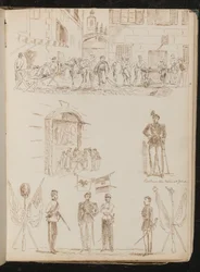 Scène urbaine avec des soldats buvant, étude d