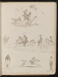 Étude de soldats à cheval tirant un canon, deux vues d
