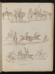 Trois études de soldats à cheval inscrites "Cavalerie garibaldienne"