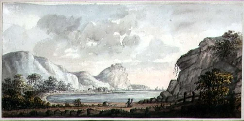 Paysage avec deux figures surplombant une baie, vers 1825