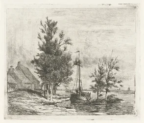 Paysage fluvial avec voilier et ferme