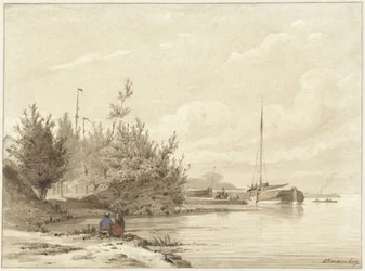 Paysage avec des bateaux amarrés sur une rive
