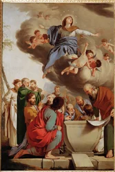 Assomption de Sainte Marie, apôtres regardant le tombeau vide (peinture sur toile)