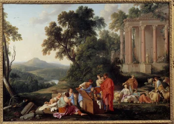 Laban cherche des idoles dans les bagages de Jacob et part avec sa famille dans son pays, mais Laban, son beau-père le rattrape pour récupérer les images des dieux volés que sa femme Rachel avait cachées dans la selle de son cheval
