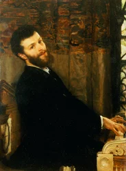 Portrait du chanteur George Henschel jouant du piano d