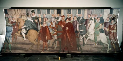Le doge Giacomo Durazzo Grimaldi guidant le cardinal Francesco Pacheco dans les rues de Gênes en 1574 (fresque)