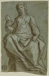 Figure féminine assise (Sainte Scholastique ?) tenant une colombe