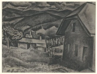 Paysage avec femme et enfant devant une maison