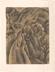 Femme avec une cruche sur la tête sur un chemin de montagne
