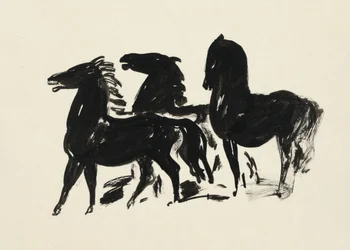 Trois chevaux noirs debout regardant vers la gauche (1935-1936), dessin en haute résolution de Leo Gestel