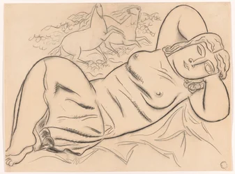 Femme nue couchée avec des chevaux
