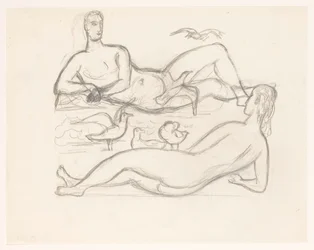 Homme et femme nus sur le rivage, entourés de mouettes