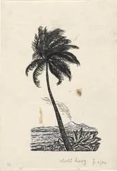 Palmier avec une île et un volcan en arrière-plan