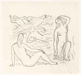 Cinq femmes nues dans les vagues ou sur la plage