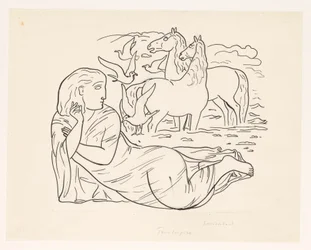 Femme allongée sur la plage avec deux chevaux et quelques mouettes