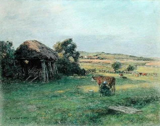 Paysage avec une paysanne trayant une vache