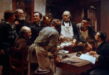Le cours de dissection du docteur Claude Bernard (1813-1878) (avec le tablier) en présence de ses élèves Paul Bert (1833-1886) et Arsène d