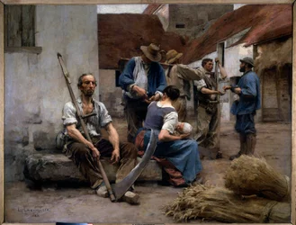 La paie des moissonneurs paysans dans une cour de ferme, l