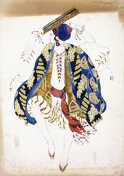 Costume pour un danseur dans "Danse Juive", portant des knickerbockers et un turban, jouant du tambourin
