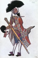 Esquisse de costume pour le " Marquis de Luca " du ballet " Donne di buon umore ", musique de Scarlatti (gouache sur papier)