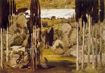 Décor par Léon Bakst, peintre et décorateur russe, basé sur une aquarelle originale, pour le ballet "Daphnis et Chloé" de Maurice Ravel