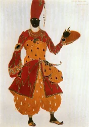 Eunuque, esquisse de costume pour le ballet Shéhérazade de Nicolaï Rimski-Korsakov (aquarelle et or sur papier)