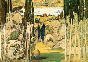 Esquisse du décor du premier acte du ballet Daphnis et Chloé de Maurice Ravel