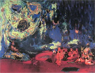 Esquisse du décor du ballet " Shéhérazade " de Rimski-Korsakov (aquarelle, crayon et or sur papier)