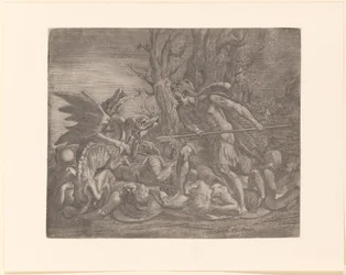 Jeune homme avec peau de lion sur la tête, peut-être Cadmus, combattant un dragon