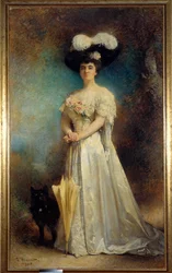 Portrait en pied de Madame Maurice Pascal et son chien Tiny (Léon Joseph Bonnat, 1905)