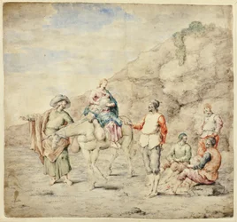 La Sainte Famille passant devant quatre hommes
