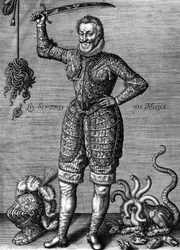 Henri IV (1553-1610) roi de France de 1589 à 1610, ici portant une armure, tenant une épée, en tant que redresseur de torts, gravure de Léonard Gaultier