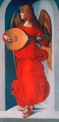 Un ange en rouge avec un luth, 1490-1499