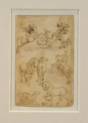 Deux cavaliers combattant un dragon;un cavalier et deux chevaux;un chien et un cheval …