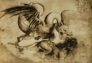 Dragon tuant un lion, dessin de Léonard de Vinci. Gabinetto dei Disegni e Stampe, Galerie des Offices, Florence