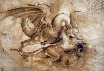 Léonard de Vinci (1452 - 1519) : Combat entre un lion et un dragon, GDSU 435 E (Immagina)