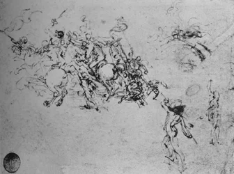 Études de cavaliers combattant et de fantassins, vers 1480, 1945