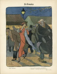 Illustration de Léonce Burret (1865-1915) dans Le Sourire, no. 4, 23/01/13 - Les petites - Nocturne, Prostitution, Casseroles en papier, Lampadaire, Fourrure