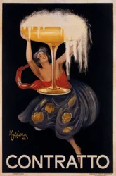 Affiche publicitaire pour le vin mousseux « Contratto » : une petite fée, un elfe soulevant une énorme coupe. Illustration de Leonetto Cappiello (1875-1942), 1922