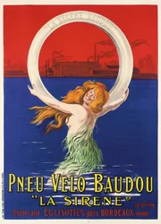 Affiche publicitaire pour les pneus de bicyclette « La Sirène », fabriqués par Pneu Velo Baudou, v. 1920